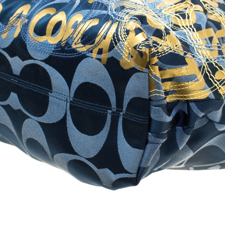 Pre Owned Coach Blue/Gold Signature Canvas Poppy Graffiti Glam Tote