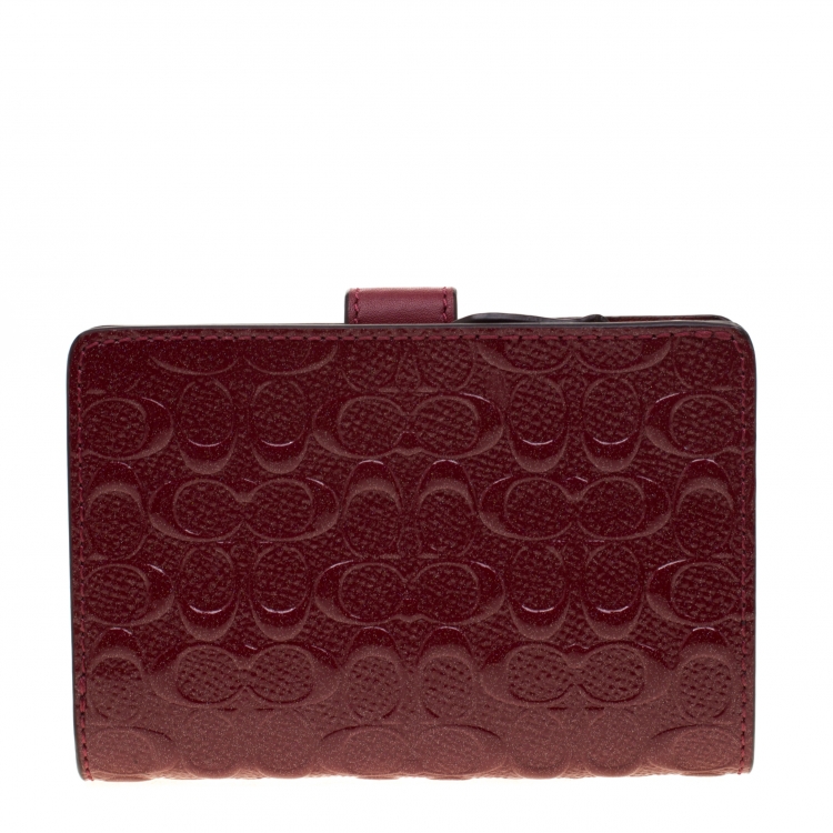 Pre Owned Coach Burgundy Signature Debossed Patent Leather Wallet