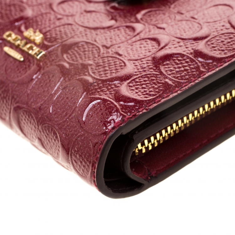 Pre Owned Coach Burgundy Signature Debossed Patent Leather Wallet