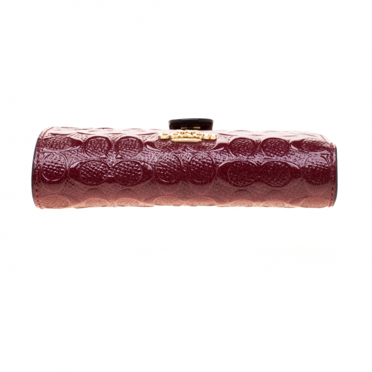 Pre Owned Coach Burgundy Signature Debossed Patent Leather Wallet