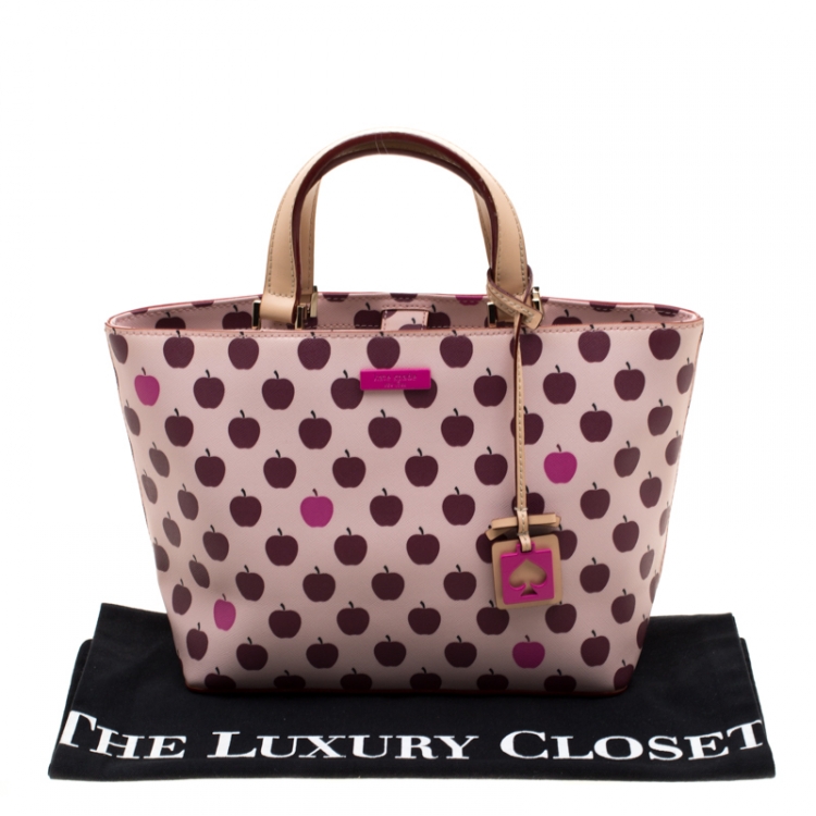 Pre Owned Kate Spade Pink/Beige Apple Print Leather Grant Street Tote