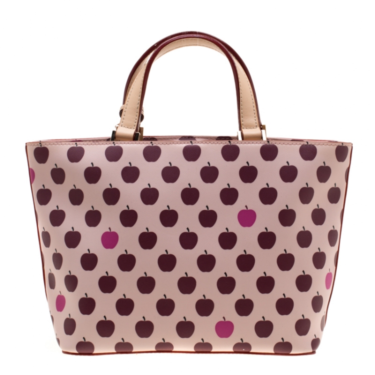 Pre Owned Kate Spade Pink/Beige Apple Print Leather Grant Street Tote