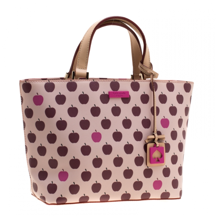 Pre Owned Kate Spade Pink/Beige Apple Print Leather Grant Street Tote