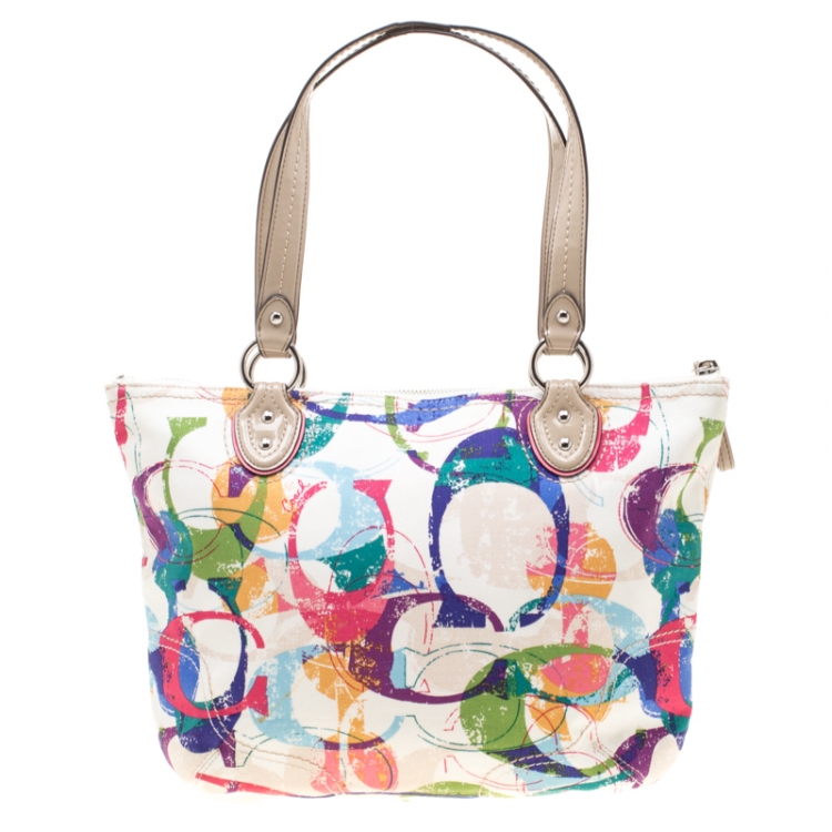Pre Owned Coach Multicolor Canvas and Patent Leather Stamped C Tote