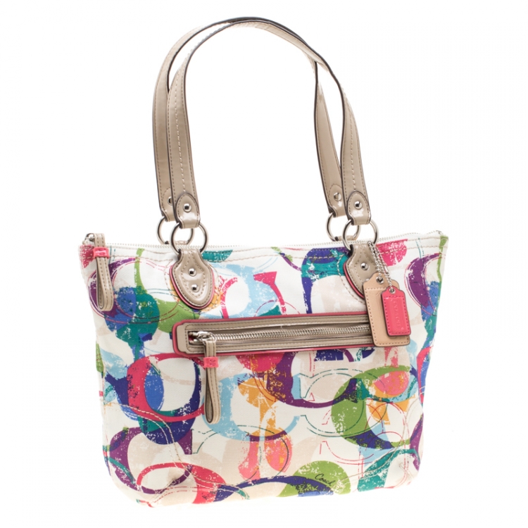 Pre Owned Coach Multicolor Canvas and Patent Leather Stamped C Tote