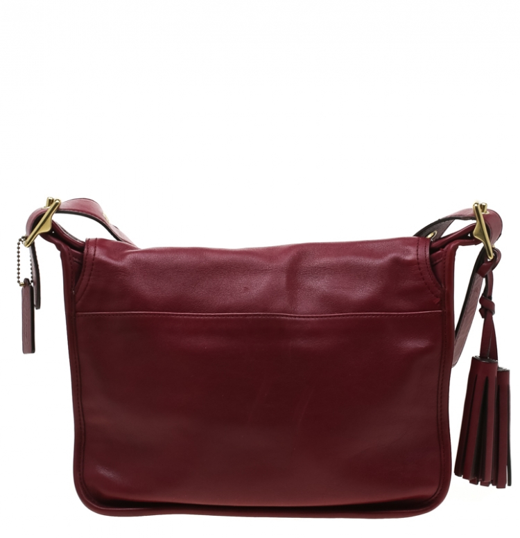 Pre Owned Coach Burgundy Tassel Leather Flap Shoulder Bag