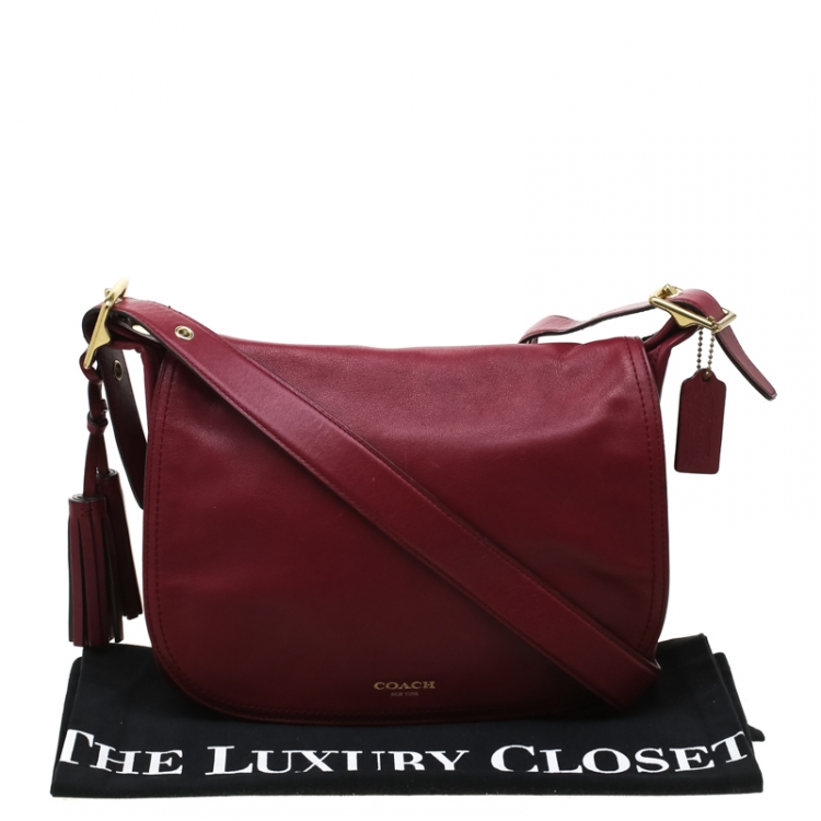 Pre Owned Coach Burgundy Tassel Leather Flap Shoulder Bag