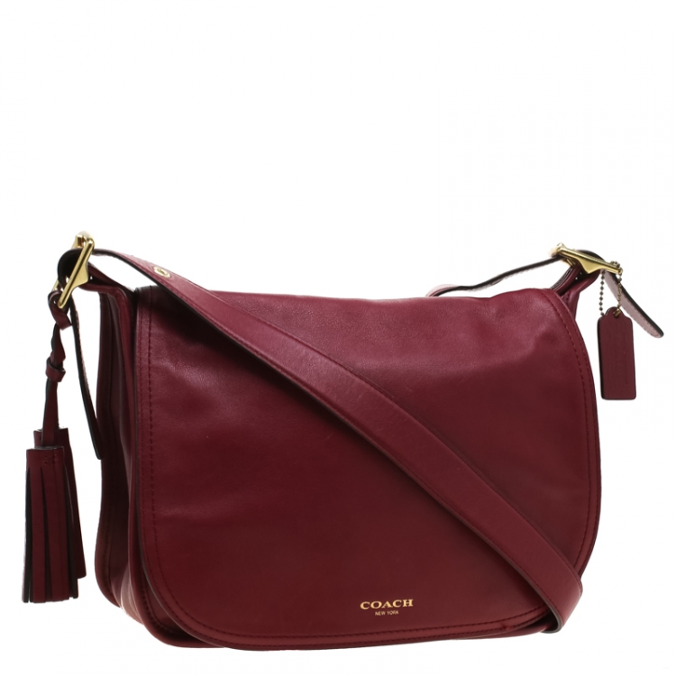 Pre Owned Coach Burgundy Tassel Leather Flap Shoulder Bag