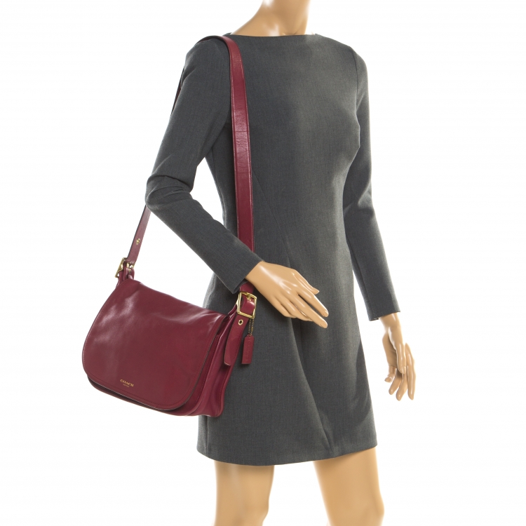 Pre Owned Coach Burgundy Tassel Leather Flap Shoulder Bag