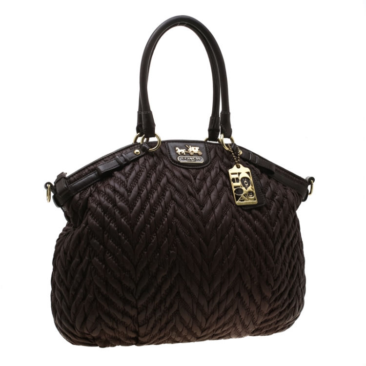 Pre Owned Coach Dark Brown Quilted Nylon 70th Anniversary Madison Tote