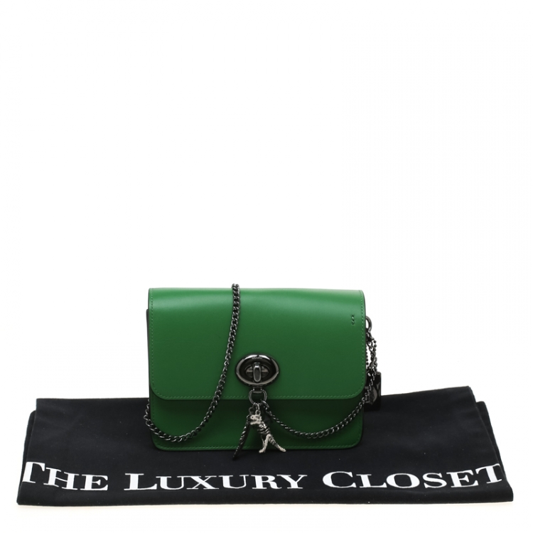 Pre Owned Coach Green Leather Chain Crossbody Bag