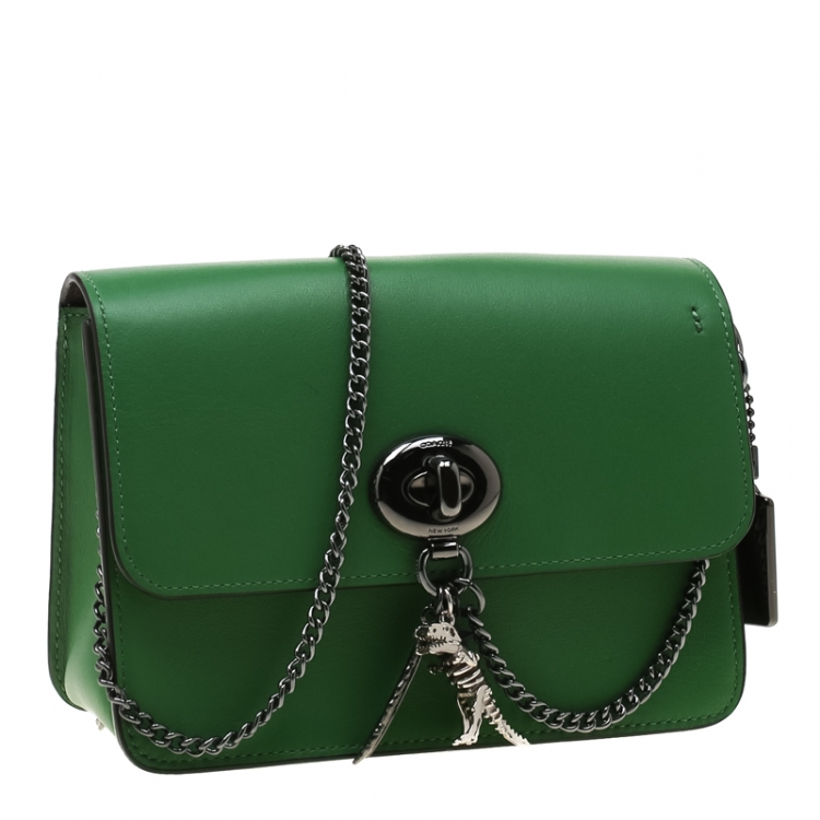 Pre Owned Coach Green Leather Chain Crossbody Bag