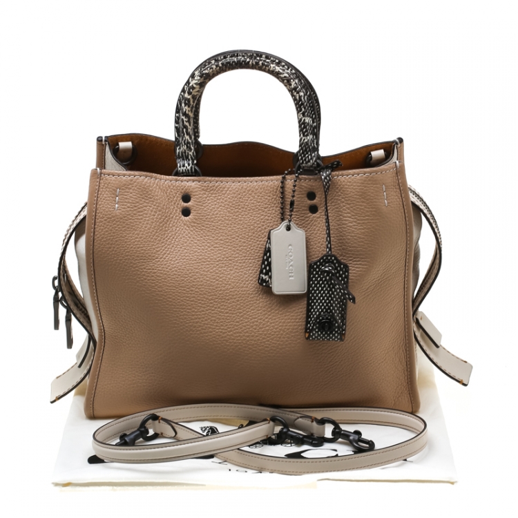 Pre Owned Coach Beige/White Leather and Snakeskin Rogue Tote