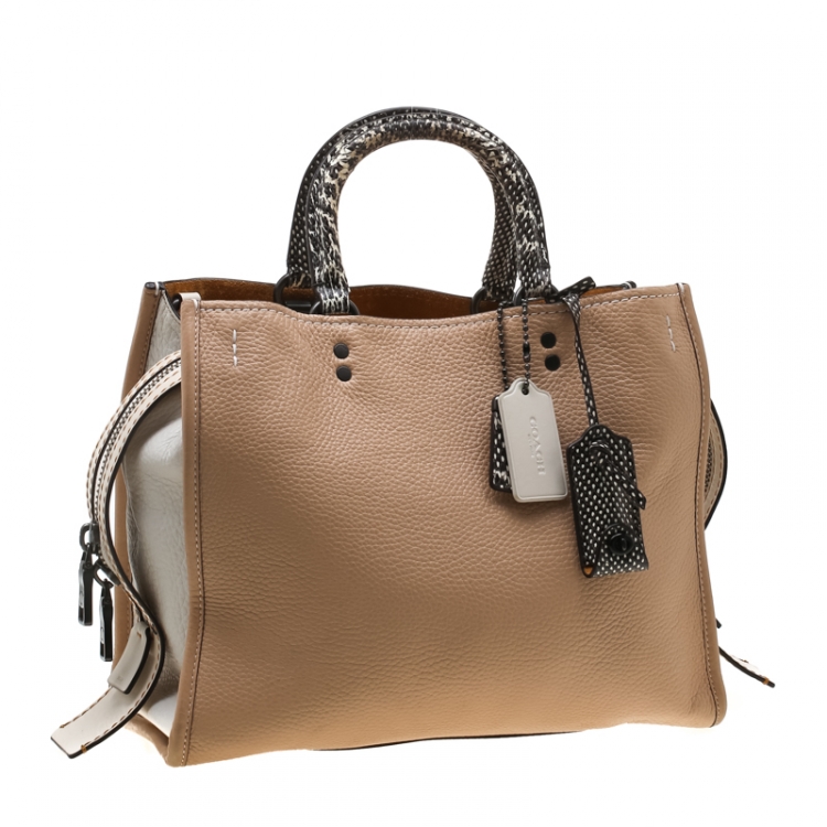 Pre Owned Coach Beige/White Leather and Snakeskin Rogue Tote