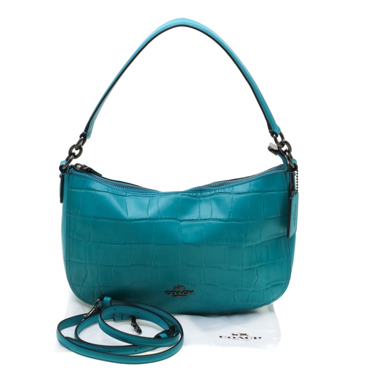 Pre Owned Coach Turquoise Croc Embossed Leather Chelsea Crossbody Bag