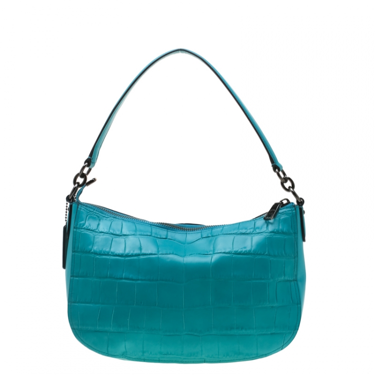 Pre Owned Coach Turquoise Croc Embossed Leather Chelsea Crossbody Bag