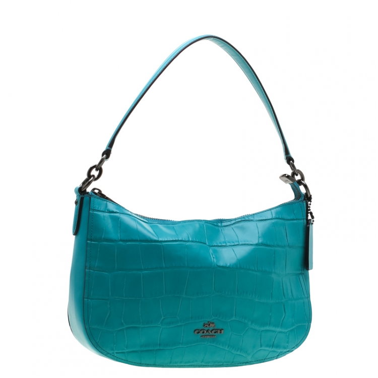 Pre Owned Coach Turquoise Croc Embossed Leather Chelsea Crossbody Bag