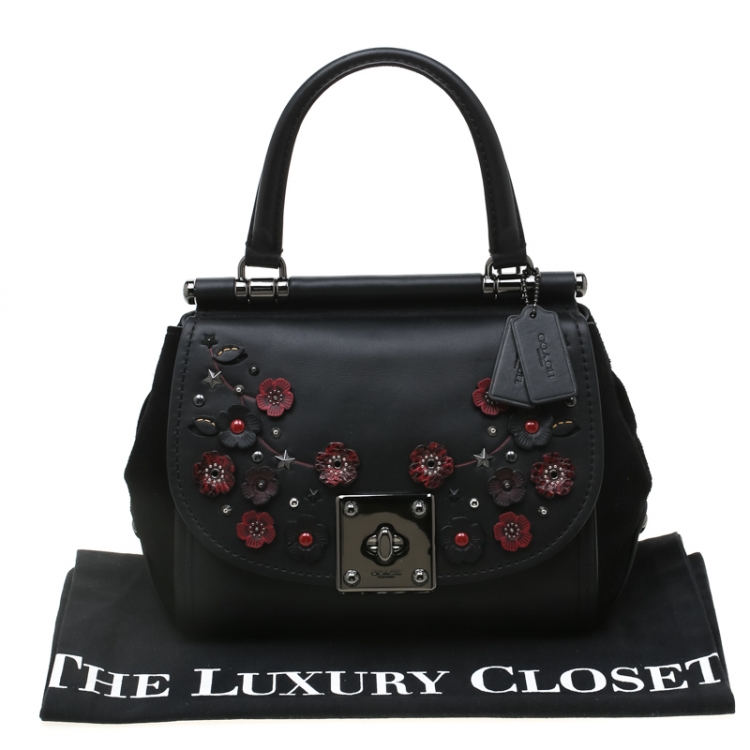 Pre Owned Coach Black Willow Floral Leather Drifter Satchel