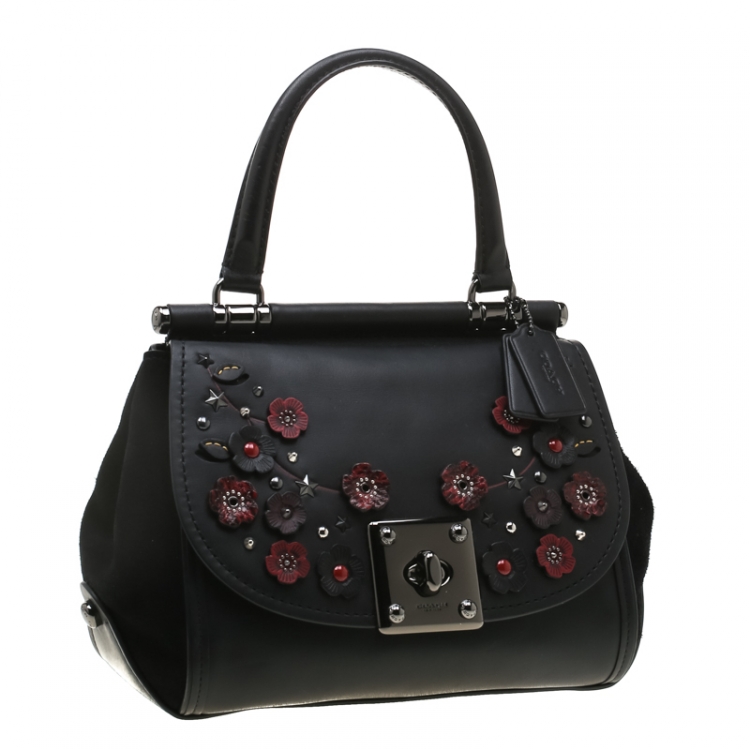 Pre Owned Coach Black Willow Floral Leather Drifter Satchel
