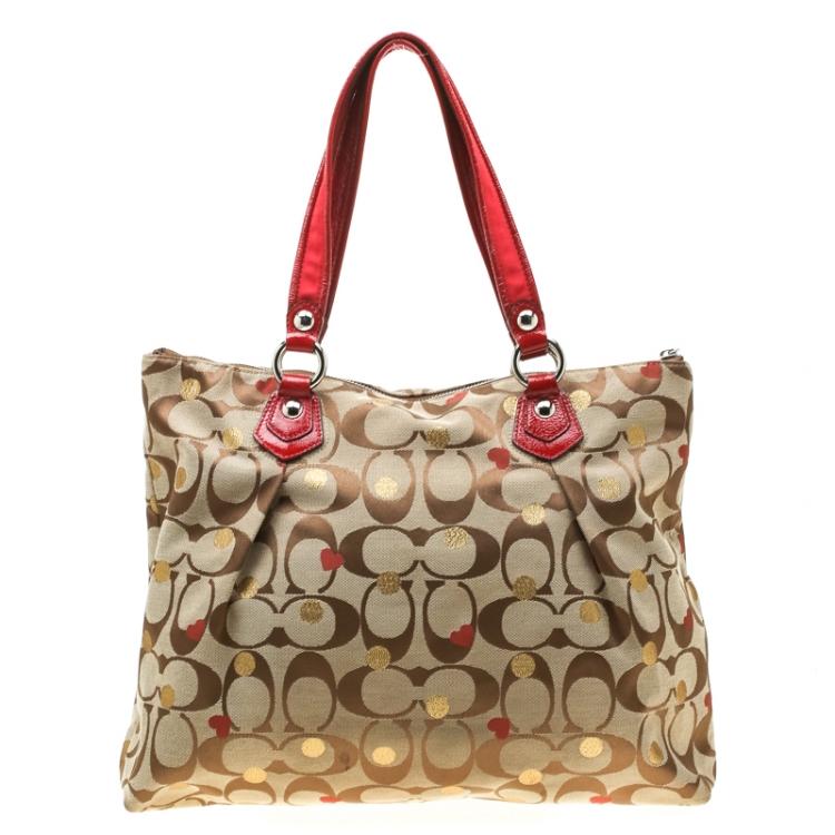 Pre Owned Coach Beige/Red Signature Canvas Poppy Laura Secret Admirer Tote