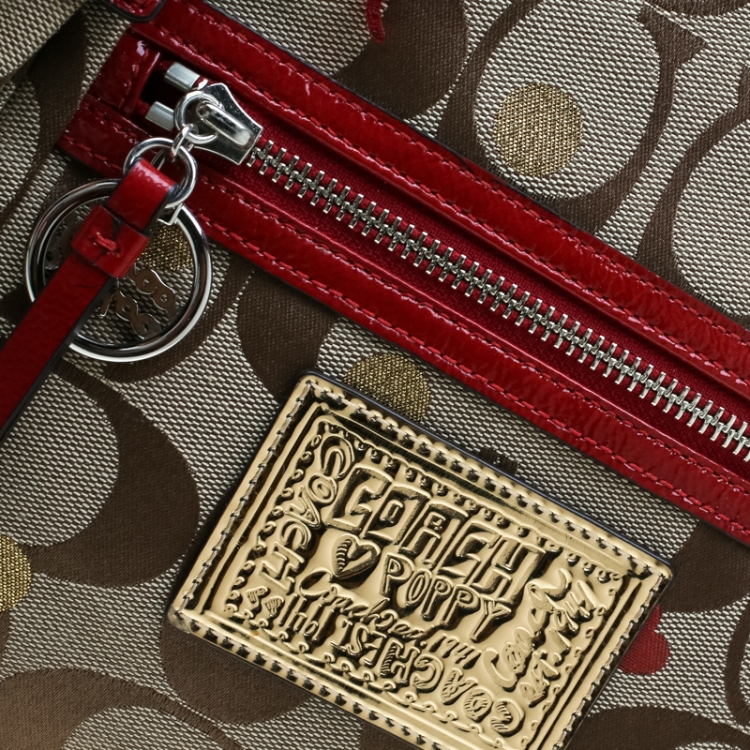 Pre Owned Coach Beige/Red Signature Canvas Poppy Laura Secret Admirer Tote