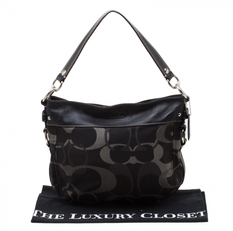 Pre Owned Coach Black/Grey Signature Canvas and Leather Zoe Hobo