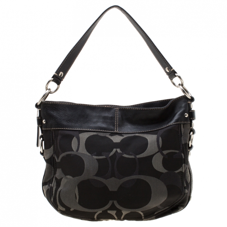 Pre Owned Coach Black/Grey Signature Canvas and Leather Zoe Hobo
