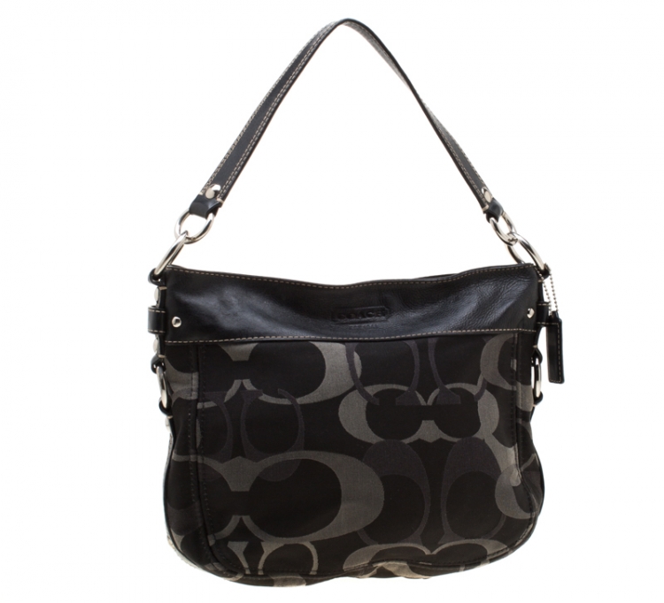 Pre Owned Coach Black/Grey Signature Canvas and Leather Zoe Hobo