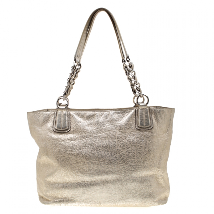 Pre Owned Coach Metallic Platinum Leather East West Chelsea Tote