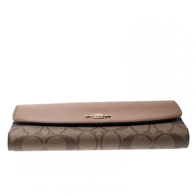 Pre Owned Coach Brown Signature PVC and Leather Checkbook Wallet