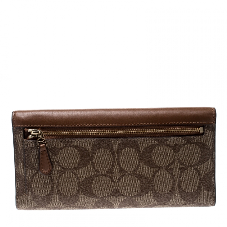 Pre Owned Coach Brown Signature PVC and Leather Checkbook Wallet