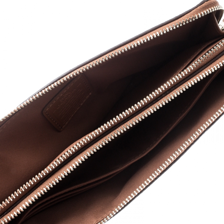 Pre Owned Coach Tan Leather Double Zip Wristlet 