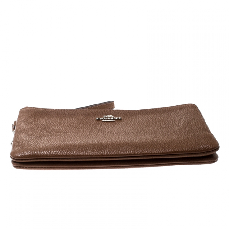 Pre Owned Coach Tan Leather Double Zip Wristlet 