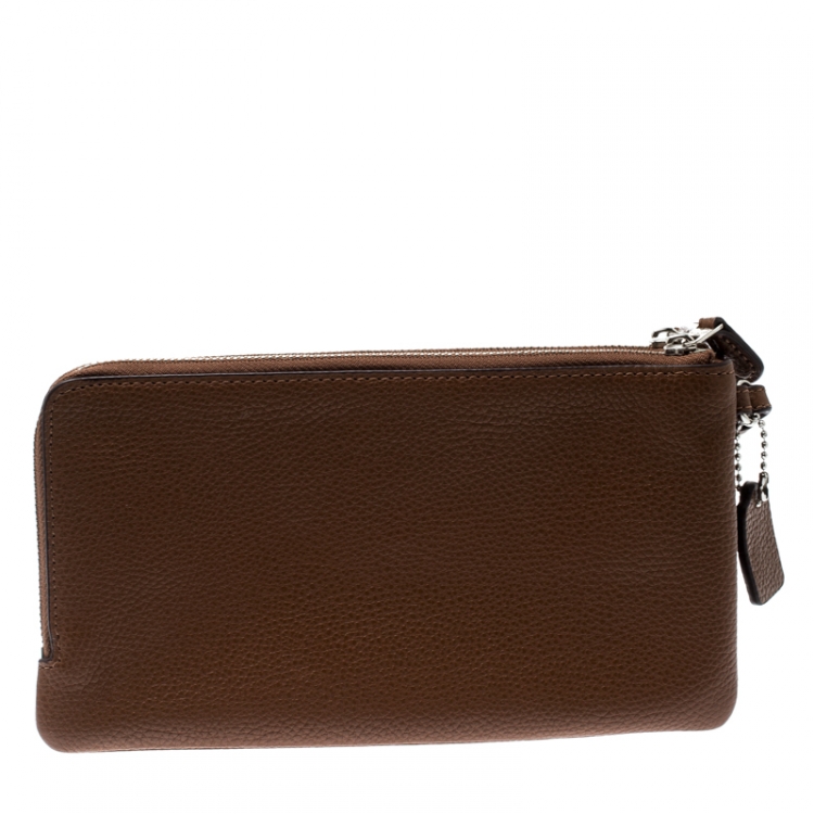 Pre Owned Coach Tan Leather Double Zip Wristlet 