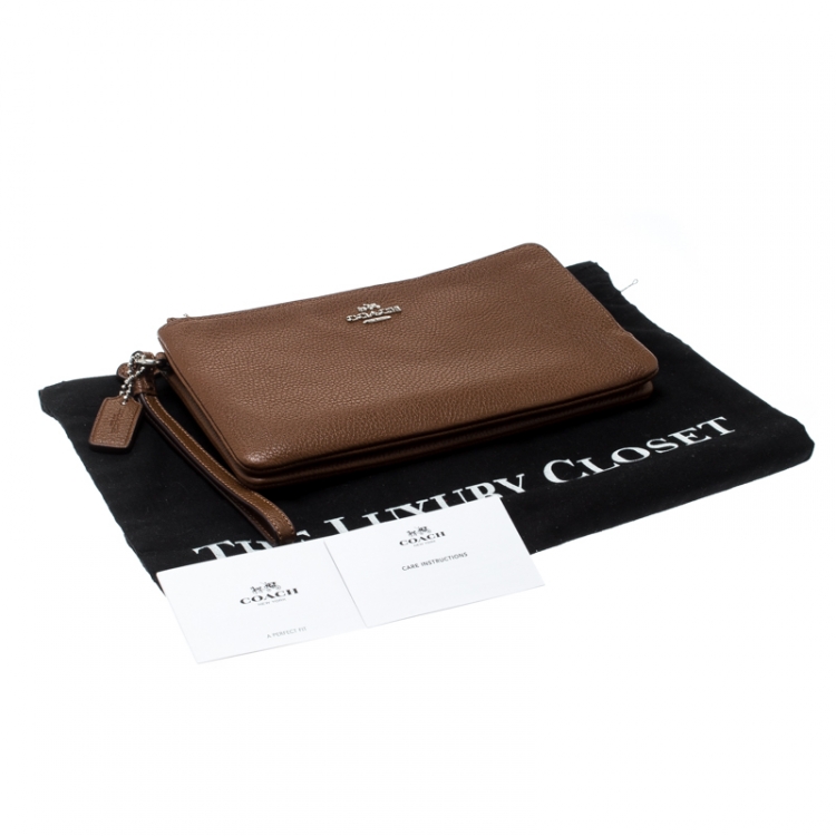 Pre Owned Coach Tan Leather Double Zip Wristlet 