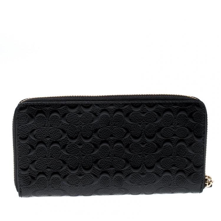 Pre Owned Coach Black Signature Patent Leather Accordion Zip Around Wallet