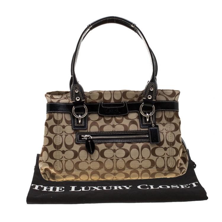 Pre Owned Coach Beige/Black Canvas and Patent Leather Tote