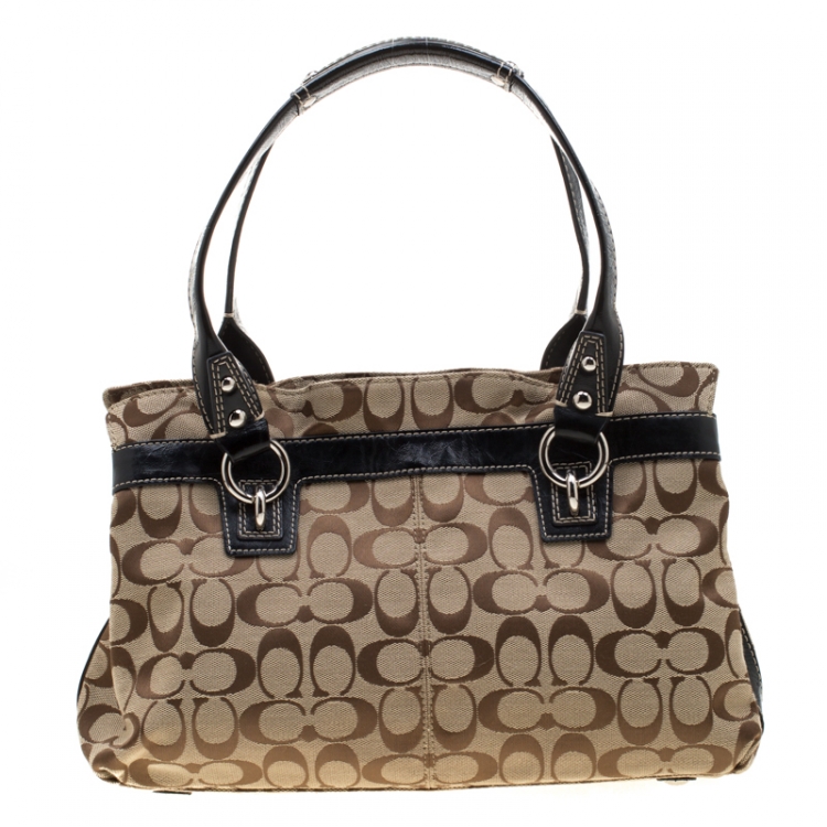 Pre Owned Coach Beige/Black Canvas and Patent Leather Tote