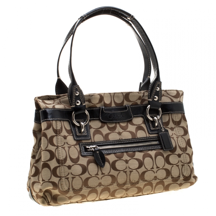 Pre Owned Coach Beige/Black Canvas and Patent Leather Tote