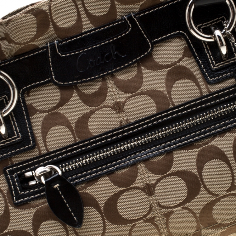 Pre Owned Coach Beige/Black Canvas and Patent Leather Tote