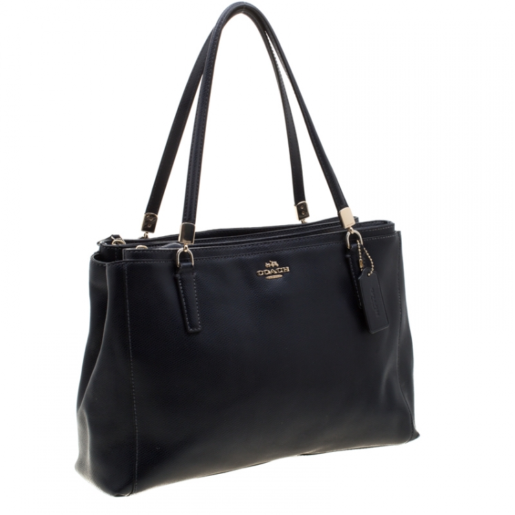 Pre Owned Coach Navy Blue Saffiano Leather Double Zip Tote