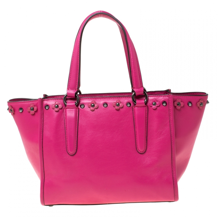 Pre Owned Coach Magenta Studded Floral  Leather Crosby Tote