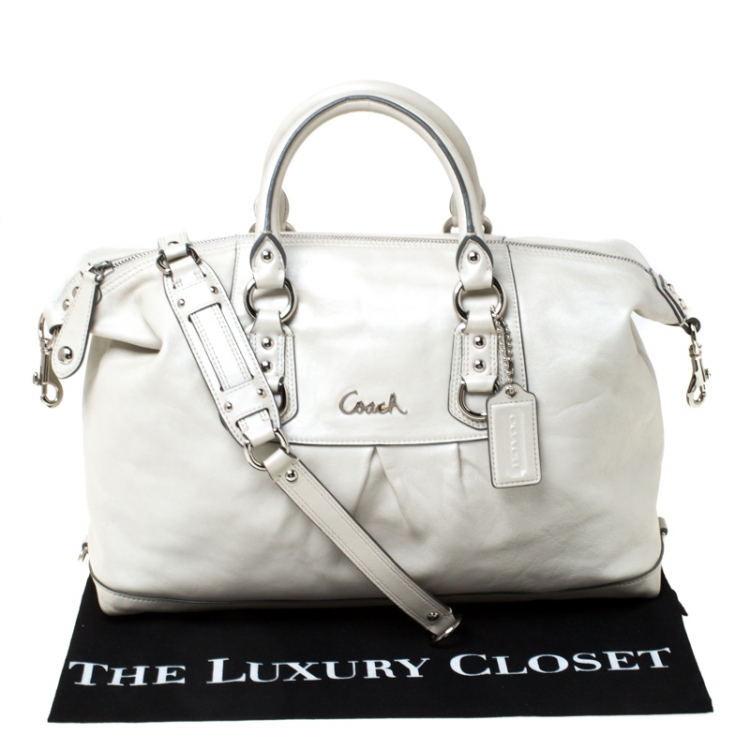 Pre Owned Coach White Metallic Leather Ashely Satchel 