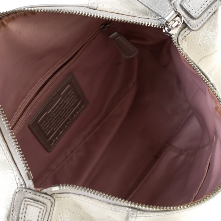 Pre Owned Coach Silver/Grey Canvas and Leather Ashley Top Handle Bag