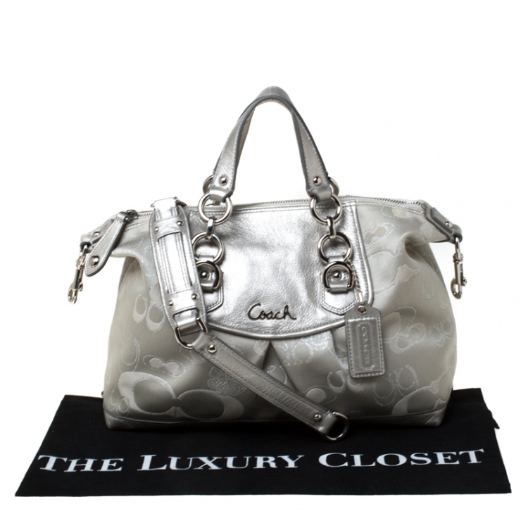 Pre Owned Coach Silver/Grey Canvas and Leather Ashley Top Handle Bag