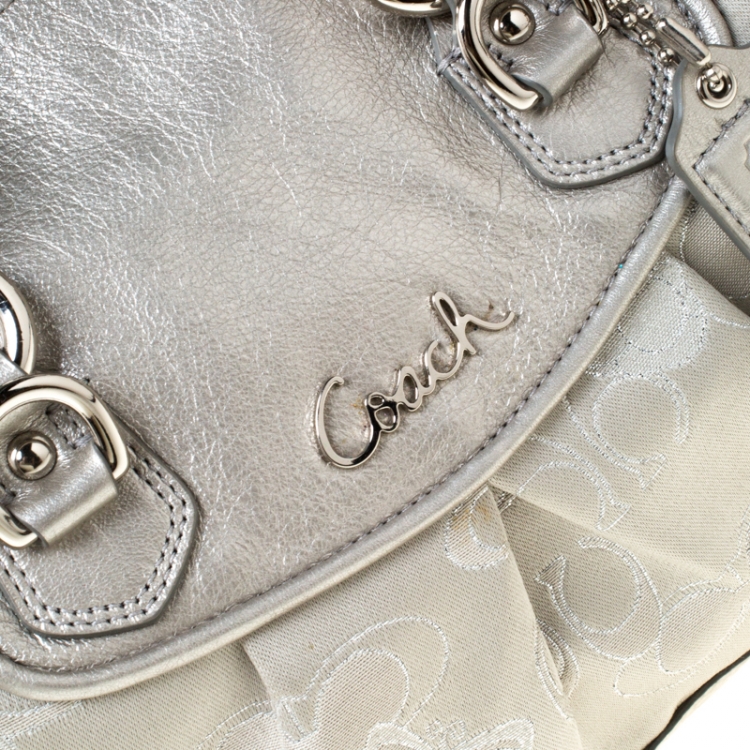 Pre Owned Coach Silver/Grey Canvas and Leather Ashley Top Handle Bag