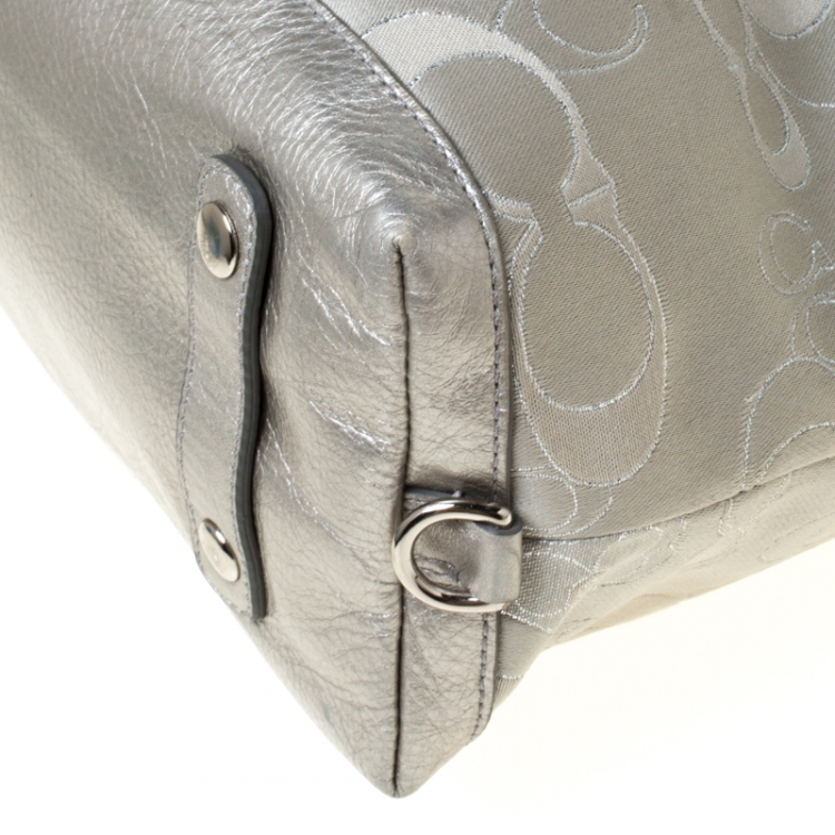 Pre Owned Coach Silver/Grey Canvas and Leather Ashley Top Handle Bag