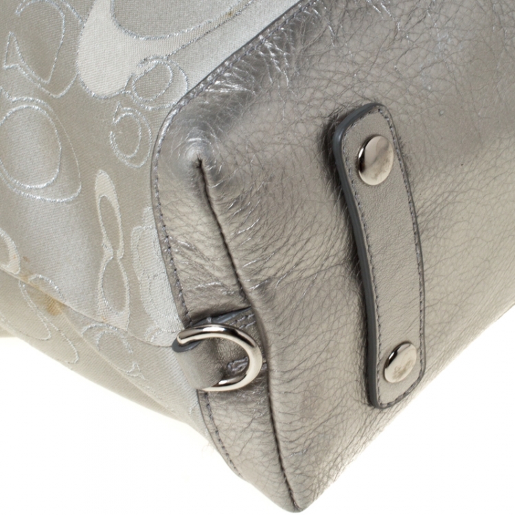 Pre Owned Coach Silver/Grey Canvas and Leather Ashley Top Handle Bag