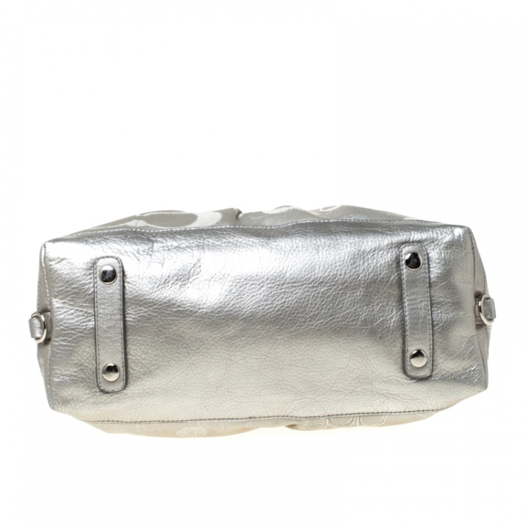 Pre Owned Coach Silver/Grey Canvas and Leather Ashley Top Handle Bag