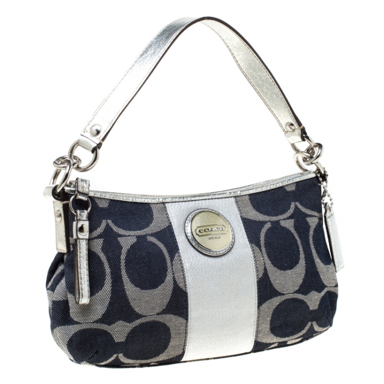 Pre Owned Coach Blue/Grey Signature Stripe Canvas Shoulder Bag